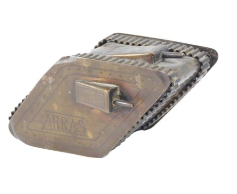 Trench Art. Model of a British Mk IV Male tank, constructed from brass and wood, engraved with Ypres on one side and Arras on
