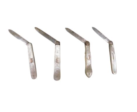 Four late 19thC mother of pearl and silver fruit knives, makers to include Henry Atkin, Hilliard and Thomson, James Fenton, e