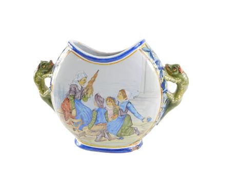 A 19thC Porquier Beau Botanical faience moon vase, with Breton scene and lizard handles, marked and stamped to underside with