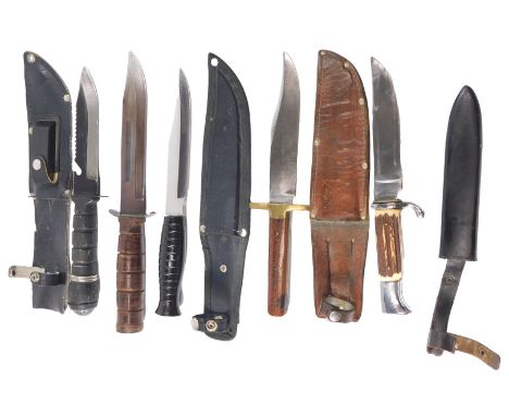 A selection of hunting knives, and outdoor knives, all unmarked blades, with leather and metal scabbards. (5)