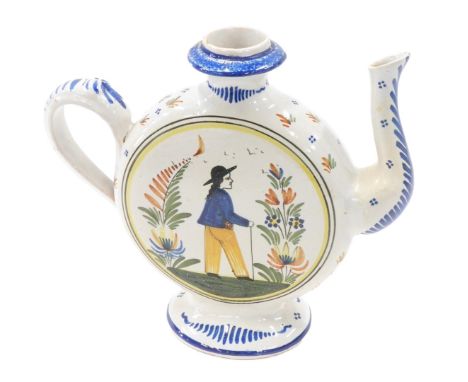 A 19thC Quimper Faience flat circular teapot, decorated to one side with a figure, the other a bird on a branch, lacking cove
