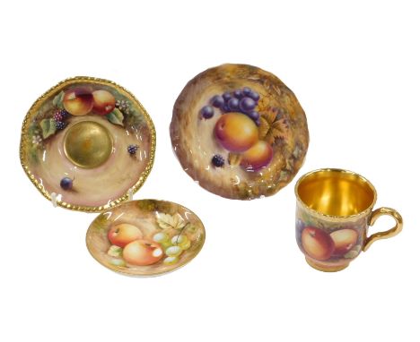 A Royal Worcester porcelain coffee can and saucer, painted with fruit, signed J Skerritt to the cup and saucer, a porcelain p