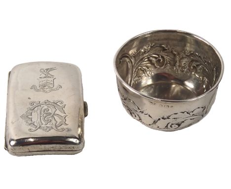 A small Edwardian silver bowl, with embossed decoration, Birmingham 1904, and a small cigarette case, engraved with a monogra