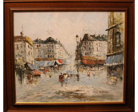 R. Davey Impressionistic Parisian street scene, signed, oil on canvas, 50cm x 59.5cm, two other similar paintings, 60cm x 49.