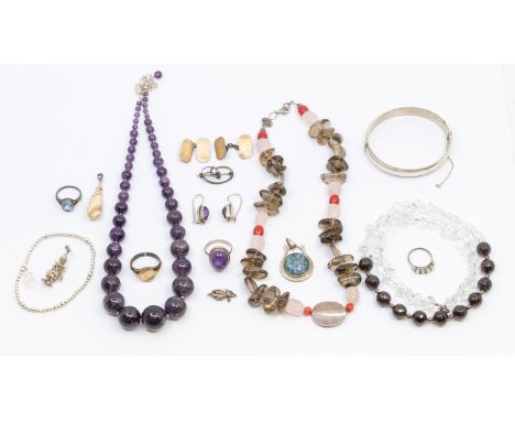 Selection of Sterling Silver Jewellery. To include a Silver Purple Paste Stone Charles Horner Brooch , an Amethyst Round Bead