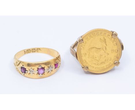 9ct Gold 1980 1/10oz Kruggerand Ring & 18ct Gold Ruby and Diamond Ring.  The 9ct Gold 1980 1/10oz Kruggerand Ring is hallmark