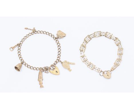 Two 9ct Gold Bracelets.  To include a 9ct Gold Charm Bracelet and 9ct Gold Gate Bracelet.  The Charm Bracelet has Six 9ct Gol