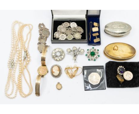 A selection of 9ct Gold, Silver, Costume Jewellery, Snuff Boxes and a Jesmond Rolled Gold Watch with 9ct Gold Back &amp; Fron