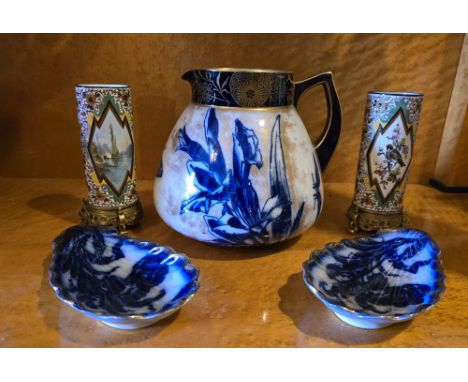 A large Doulton Burslem Blue Iris Jug (1882 - 1902) cobalt blue flowers on a white and gold background. A pair of Flow Blue I
