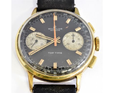 BREITLING, TOP TIME, A GENTLEMAN'S VINTAGE GOLD-PLATED AND STAINLESS STEEL CHRONOGRAPH ROUND BRACELET WATCH ref; 2003, black 