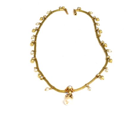 A MID 20TH CENTURY GOLD AND CULTURED PEARL FRINGE NECKLACE  the cable link chain centred with a cultured pearl floret suspend