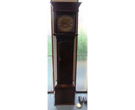 AN OAK CASED 8-DAY LONGCASE CLOCK  the engraved glass dial with silvered chapter ring, subsidiary seconds dial and date apert