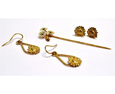 AN EARLY 20TH CENTURY GOLD, ENAMEL AND DIAMOND 'DAISIES' STICK PIN AND TWO PAIRS OF MODERN 'SUNFLOWER' EARRINGS;   comprising