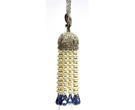 AN ART DECO PEARL, SAPPHIRE AND DIAMOND TASSEL PENDANT PROBABLY FROM A SAUTOIRE  in the form of a pierced and domed chandelie