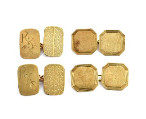 TWO PAIRS OF 9CT GOLD CUFFLINKS  one pair with canted-square panels and chain interlinks, Birmingham 1929, 5.2g; the other pa