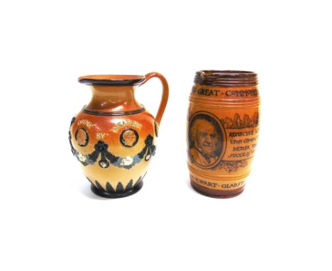 TWO DOULTON LAMBETH STONEWARE JUGS:  one transfer printed with a portrait of Gladstone, 'England's Great Commoner', 19cm high