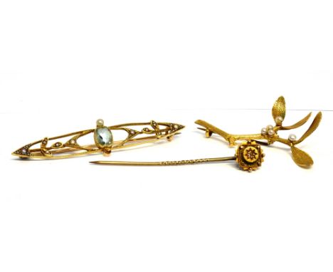 THREE VICTORIAN AND LATER GOLD AND GEM SET JEWELS INCLUDING 'MISTLETOE' BROOCH  the mistletoe sprig brooch set with five smal