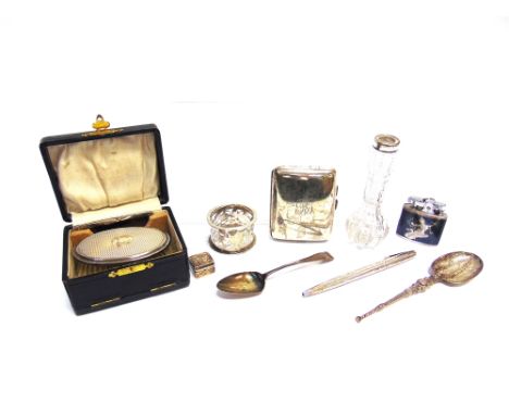 A COLLECTION OF MISCELLANEOUS SILVER ITEMS INCLUDING A CIGARETTE CASE  comprising; a concave cigarette case engraved with scr