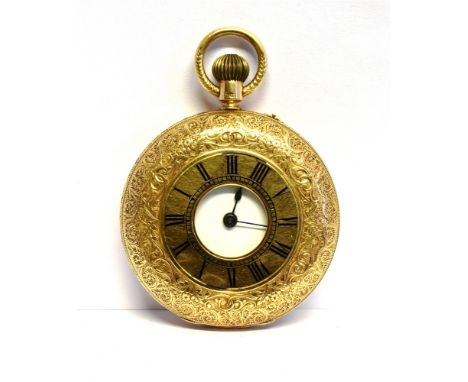A VICTORIAN 18CT GOLD HALF-HUNTER CASED KEYLESS POCKET WATCH circa 1885, the unnamed three-quarter plate keyless lever moveme