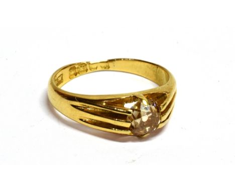 A LATE VICTORIAN 18CT GOLD AND DIAMOND SOLITAIRE GYPSY RING  the light-brown 'champagne' old-mine diamond approx. 0.65cts, cl