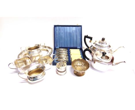 A COLLECTION OF PLATED ITEMS INCLUDING A SHAPED-SQUARE THREE PIECE TEA SERVICE An oblong part fluted teapot with an ebonised 