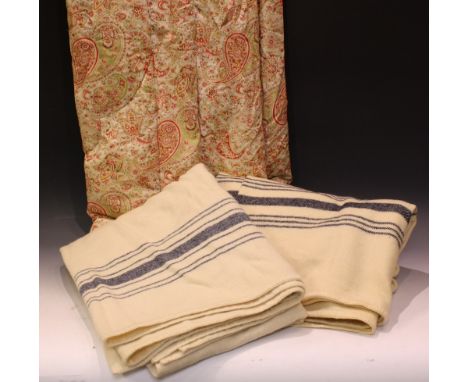 Textiles - floral feather eider down; 1940's WWII CC41 striped wool blanket; another similar (3)