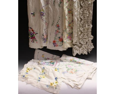 Textiles - hand embroidered linen tablecloths including English country garden flowers