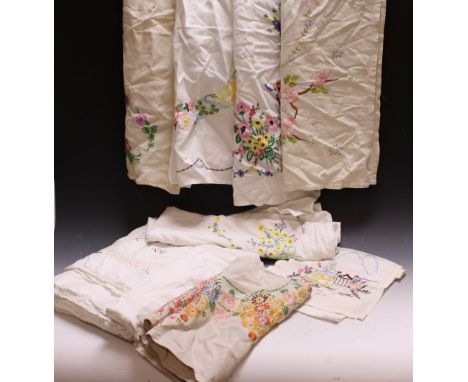 Textiles - hand embroidered linen tablecloths including English country garden flowers