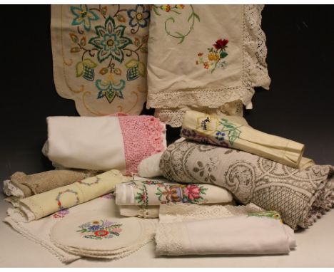 Textiles - hand embroidered linen, damask table cloths, lace edged linen, etc 
