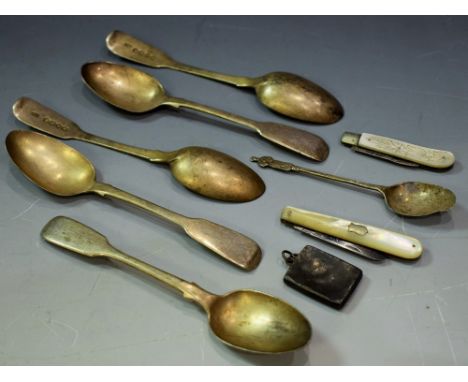 Silver - a mother of pearl folding fruit knife, Birmingham marks; another Sheffield, Victorian spoons; etc (9)