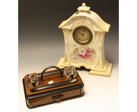 A Victorian mahogany ink stand with drawer; a 19th century ceramic mantel clock