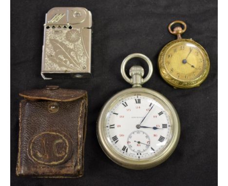 A Kay &amp; Co Ltd Swiss pocket watch; a fob watch; a Roxy lighter, in leather case (3)