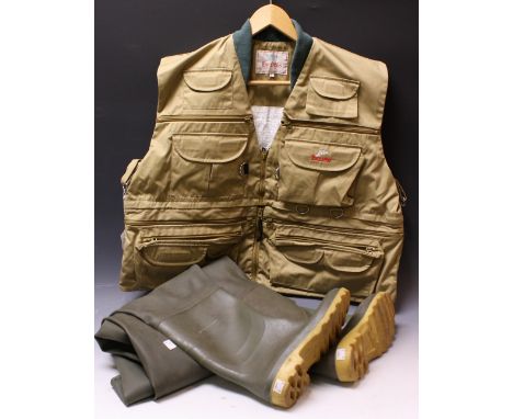 A pair of Dunlop fishing waders, chest height, size 9; an England's fly fisher's doctors jacket, size large (2)