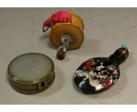 Boxes and Objects - a miniature Victorian boxwood tape measure; a mother of pearl tape measure; a miniature Victorian scent b
