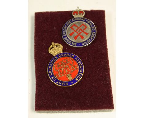 Badges - a First Or Grenadier Guards Association enamel badge; a Soldiers, Sailors and Airman's Families Association enamel b