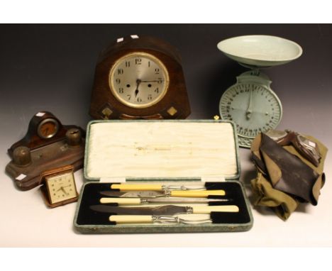 Boxes and Objects - an Art Deco cased mantel clock, Arabic numerals; a set of kitchen balance scales, Staffordshire Knot; a p
