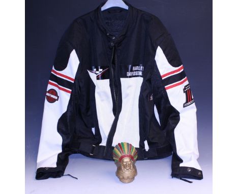 A Harley-Davidson motorcycle jacket, drawstring bag, modern, apparently unworn; a Guy Motors Ltd Indian Chief car mascot, Fea