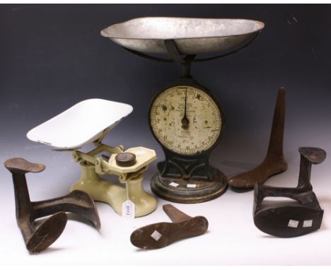 A large Salter Spring Balance, mid 20th century; another set of balance scales; cast iron shoe lasts
