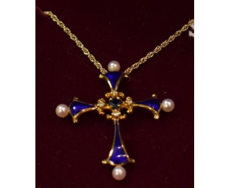 A "House of Faberge" pendant and chain, 14ct, the midnight sapphire cross 4.8g, boxed