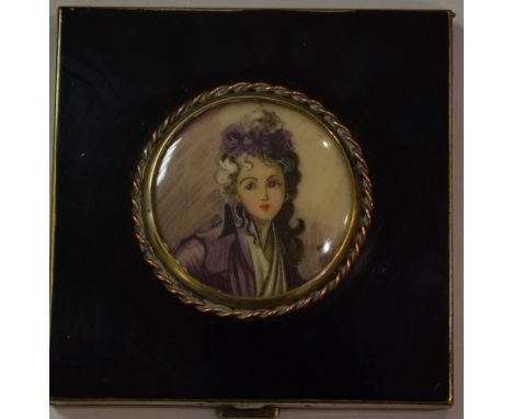 A French enamelled compact with portrait of elegant lady painted on ivorine 
