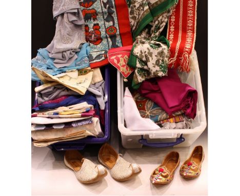 Textiles - a length of embroidered sari fabric; others similar, printed, embroidered; a quantity of patchwork samples and des