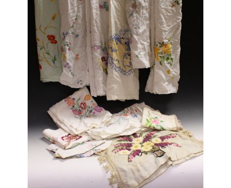 Textiles - hand embroidered linen tablecloths including English country garden flowers