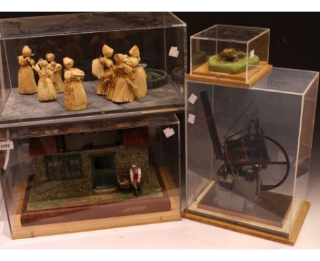 A scratch built model of a cobbler's shop, perspex cased; other cased models, Trevithick Engine, Common Frog, insect studies,