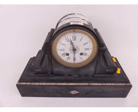 A Victorian black slate mantel clock, the enamel dial showing Roman numerals, having a eight day movement, height 26cm