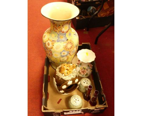 A pair of Chinese porcelain jars, each in the form of a garden seat, enamel decorated with flowers, together with a large Chi