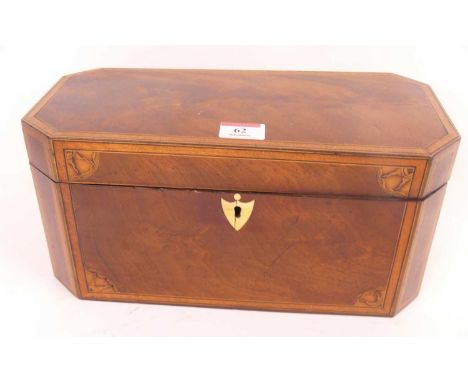A 19th century mahogany and satinwood inlaid twin compartment tea caddy, having shield shaped ivory escutcheon, width 31cmIvo