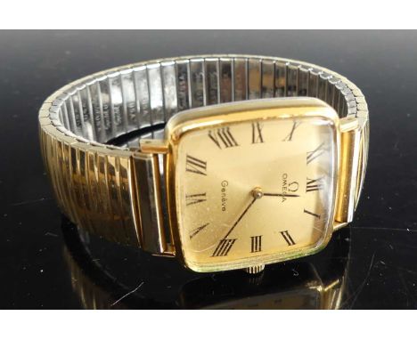 A gent's Omega Geneve gilt metal and steel cased manual wind wristwatch, having a square signed Roman dial, case w.27mm, on r