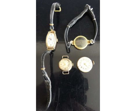 A lady's Art Deco 9ct gold cased tank wristwatch, with manual wind movement, on leather bracelet; together with a 9ct gold la