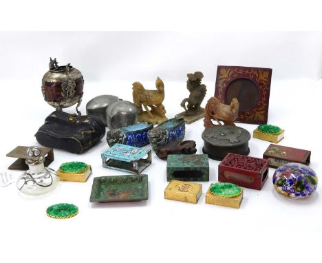 A collection of Asian items, to include white metal mounted cup, carved hardstone figures, enamel matchbox case etc
