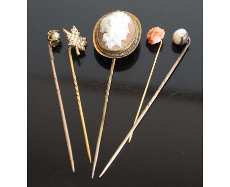 Five assorted yellow metal stick pins to include a 25mm by 20mm oval shell cameo of a classical woman, length 70mm. A carved 